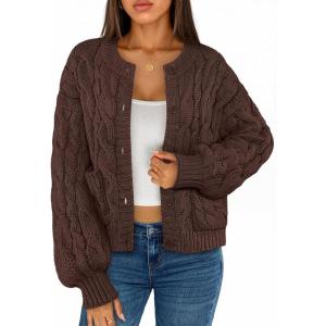 MEROKEETY Women’s Cable Knit Chunky Cardigan Sweaters 2025 Fall Winter Trendy Button Up Long Sleeve Coat(Coffee)