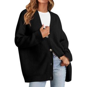MEROKEETY Women’s Cardigan Sweaters 2026 Fall Open Front Oversized Button V Neck Loose Soft Knit Outwear(Black)