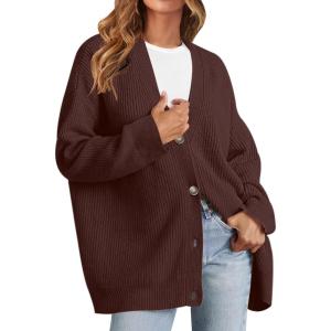 MEROKEETY Women’s Cardigan Sweaters 2026 Fall Open Front Oversized Button V Neck Loose Soft Knit Outwear(Coffee)