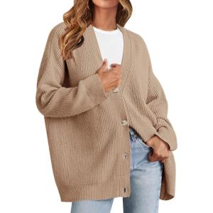 MEROKEETY Women’s Cardigan Sweaters 2026 Fall Open Front Oversized Button V Neck Loose Soft Knit Outwear(Khaki)