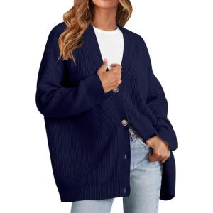 MEROKEETY Women’s Cardigan Sweaters 2026 Fall Open Front Oversized Button V Neck Loose Soft Knit Outwear(Navy)