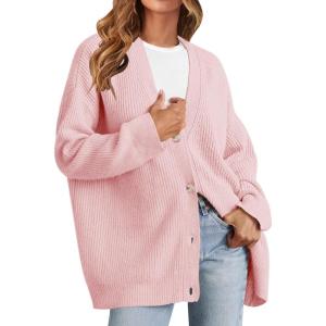 MEROKEETY Women’s Cardigan Sweaters 2026 Fall Open Front Oversized Button V Neck Loose Soft Knit Outwear(Pink)
