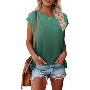 MEROKEETY Women’s Casual Cap Sleeve T Shirts Basic Summer Tops Loose Solid Color Blouse(Dyegreen)