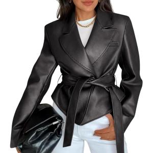 MEROKEETY Women’s Fall Fashion 2025 Leather Jacket Casual Belt Button Down Blazer Trendy Coat Outerwear(Black)