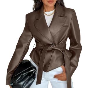 MEROKEETY Women’s Fall Fashion 2025 Leather Jacket Casual Belt Button Down Blazer Trendy Coat Outerwear(Brown)