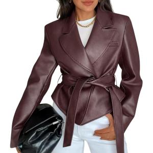 MEROKEETY Women’s Fall Fashion 2025 Leather Jacket Casual Belt Button Down Blazer Trendy Coat Outerwear(Wine Red)