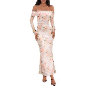 MEROKEETY Women’s Fall Off Shoulder Floral Maxi Dresses Formal Long Sleeve Bodycon Cocktail Wedding Guest Dress(Beige)