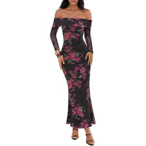 MEROKEETY Women’s Fall Off Shoulder Floral Maxi Dresses Formal Long Sleeve Bodycon Cocktail Wedding Guest Dress(Black)