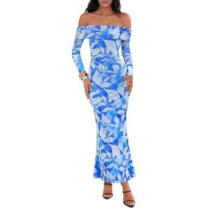 MEROKEETY Women’s Fall Off Shoulder Floral Maxi Dresses Formal Long Sleeve Bodycon Cocktail Wedding Guest Dress(Blue)