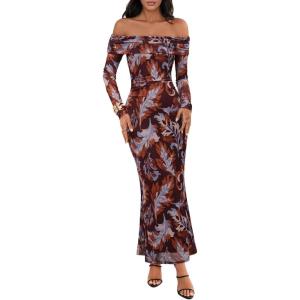 MEROKEETY Women’s Fall Off Shoulder Floral Maxi Dresses Formal Long Sleeve Bodycon Cocktail Wedding Guest Dress(Brown)