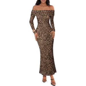 MEROKEETY Women’s Fall Off Shoulder Floral Maxi Dresses Formal Long Sleeve Bodycon Cocktail Wedding Guest Dress(Leopard)