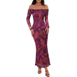 MEROKEETY Women’s Fall Off Shoulder Floral Maxi Dresses Formal Long Sleeve Bodycon Cocktail Wedding Guest Dress(Purple)