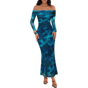 MEROKEETY Women’s Fall Off Shoulder Floral Maxi Dresses Formal Long Sleeve Bodycon Cocktail Wedding Guest Dress(Teal)