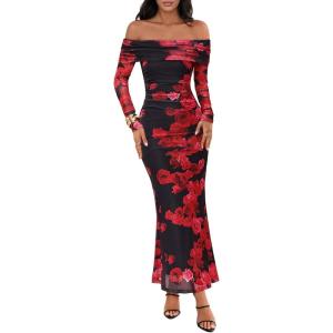 MEROKEETY Women’s Fall Off Shoulder Floral Maxi Dresses Formal Long Sleeve Bodycon Cocktail Wedding Guest Dress(Wine)