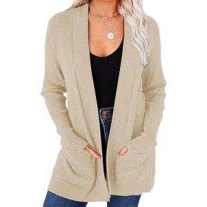 MEROKEETY Women’s Fall Winter Cardigan Sweaters Lightweight Open Front Waffle Knit Sweaters with Pockets(Apricot)