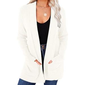 MEROKEETY Women’s Fall Winter Cardigan Sweaters Lightweight Open Front Waffle Knit Sweaters with Pockets(Beige)