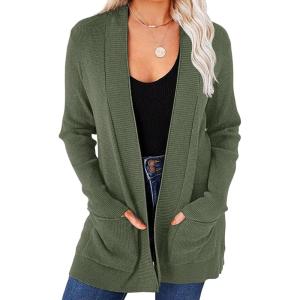 MEROKEETY Women’s Fall Winter Cardigan Sweaters Lightweight Open Front Waffle Knit Sweaters with Pockets(Green)