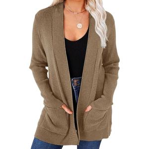 MEROKEETY Women’s Fall Winter Cardigan Sweaters Lightweight Open Front Waffle Knit Sweaters with Pockets(Khaki)