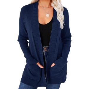 MEROKEETY Women’s Fall Winter Cardigan Sweaters Lightweight Open Front Waffle Knit Sweaters with Pockets(Navy)