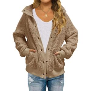 MEROKEETY Womens Fleece Sherpa Jacket Fall Winter Coats 2026 Fuzzy Button Down Warm Outerwear with Pockets(Khaki)