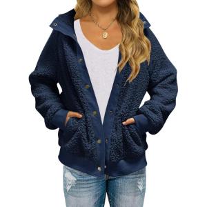 MEROKEETY Womens Fleece Sherpa Jacket Fall Winter Coats 2026 Fuzzy Button Down Warm Outerwear with Pockets(Navy)
