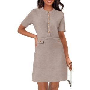 MEROKEETY Women’s Knit Bodycon Sweater Dress Button Business Work Short Sleeve Formal Elegant Mini Dress(Cashmere)