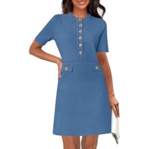 MEROKEETY Women’s Knit Bodycon Sweater Dress Button Business Work Short Sleeve Formal Elegant Mini Dress(Darkblue)
