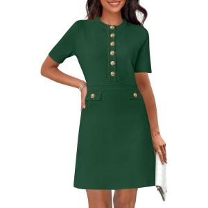 MEROKEETY Women’s Knit Bodycon Sweater Dress Button Business Work Short Sleeve Formal Elegant Mini Dress(Darkgreen)