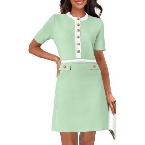 MEROKEETY Women’s Knit Bodycon Sweater Dress Button Business Work Short Sleeve Formal Elegant Mini Dress(Mintgreen)