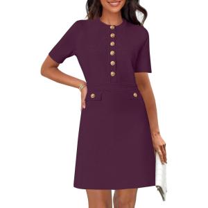 MEROKEETY Women’s Knit Bodycon Sweater Dress Button Business Work Short Sleeve Formal Elegant Mini Dress(Plum)