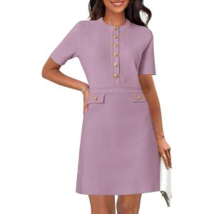 MEROKEETY Women’s Knit Bodycon Sweater Dress Button Business Work Short Sleeve Formal Elegant Mini Dress(Taro)