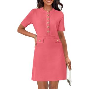 MEROKEETY Women’s Knit Bodycon Sweater Dress Button Business Work Short Sleeve Formal Elegant Mini Dress(Watermelon)