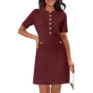 MEROKEETY Women’s Knit Bodycon Sweater Dress Button Business Work Short Sleeve Formal Elegant Mini Dress(Wine)