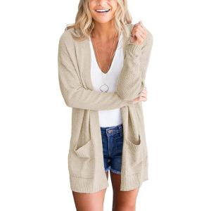 MEROKEETY Women’s Long Sleeve Cardigan Sweaters Open Front Waffle Knit Cozy Sweater Coat with Pockets(Beige)