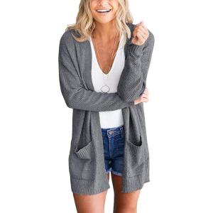MEROKEETY Women’s Long Sleeve Cardigan Sweaters Open Front Waffle Knit Cozy Sweater Coat with Pockets(Dark Grey)