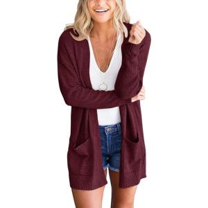 MEROKEETY Women’s Long Sleeve Cardigan Sweaters Open Front Waffle Knit Cozy Sweater Coat with Pockets(Wine)