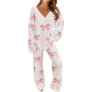 MEROKEETY Women’s Lounge Sets 2026 Fall Fashion 2 Piece Outfits Sweater Pajama Set Fuzzy Loungewear Matching Winter Clothes(Bowbeige)