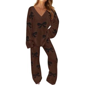 MEROKEETY Women’s Lounge Sets 2026 Fall Fashion 2 Piece Outfits Sweater Pajama Set Fuzzy Loungewear Matching Winter Clothes(Bowcoffee)