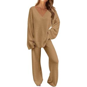 MEROKEETY Women’s Lounge Sets 2026 Fall Fashion 2 Piece Outfits Sweater Pajama Set Fuzzy Loungewear Matching Winter Clothes(Camel)