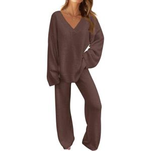 MEROKEETY Women’s Lounge Sets 2026 Fall Fashion 2 Piece Outfits Sweater Pajama Set Fuzzy Loungewear Matching Winter Clothes(Coffee)