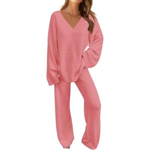 MEROKEETY Women’s Lounge Sets 2026 Fall Fashion 2 Piece Outfits Sweater Pajama Set Fuzzy Loungewear Matching Winter Clothes(Lightcoral)