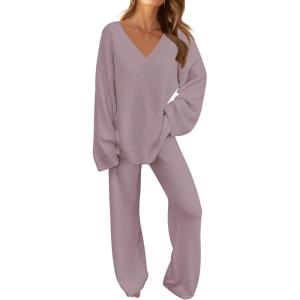 MEROKEETY Women’s Lounge Sets 2026 Fall Fashion 2 Piece Outfits Sweater Pajama Set Fuzzy Loungewear Matching Winter Clothes(Taro)