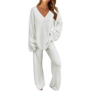 MEROKEETY Women’s Lounge Sets 2026 Fall Fashion 2 Piece Outfits Sweater Pajama Set Fuzzy Loungewear Matching Winter Clothes(White)