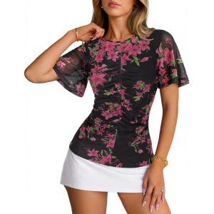 MEROKEETY Women’s Mesh Floral Tops Summer 2026 Ruched Ruffle Short Sleeve Crew Neck Trendy Going Out Blouse(Black)