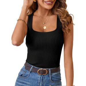 MEROKEETY Women’s Ribbed Knit Tank Tops 2026 Square Neck Sleeveless Summer Basic Shirts Sweater Vest(Black)
