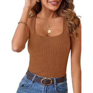 MEROKEETY Women’s Ribbed Knit Tank Tops 2026 Square Neck Sleeveless Summer Basic Shirts Sweater Vest(Caramel)