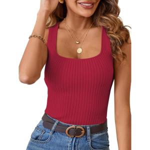 MEROKEETY Women’s Ribbed Knit Tank Tops 2026 Square Neck Sleeveless Summer Basic Shirts Sweater Vest(Red)