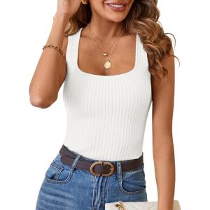 MEROKEETY Women’s Ribbed Knit Tank Tops 2026 Square Neck Sleeveless Summer Basic Shirts Sweater Vest(White)
