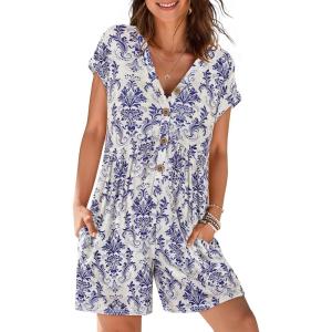 MEROKEETY Womens Romper Summer 2026 Casual Cap Sleeve V neck Button Short Jumpsuit Beach Vacation Outfits with Pockets(Blue Floral)