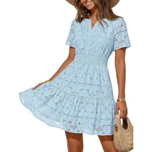 MEROKEETY Women’s Spring Summer Lace Boho Dress 2026 Short Sleeve Eyelet Floral Ruffle A Line Vacation Beach Mini Dresses(Blue)